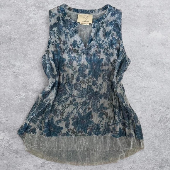 Anthropologie Tops - Vanessa Virginia Anthropologie Blue Silver Metallic Floral Top Small